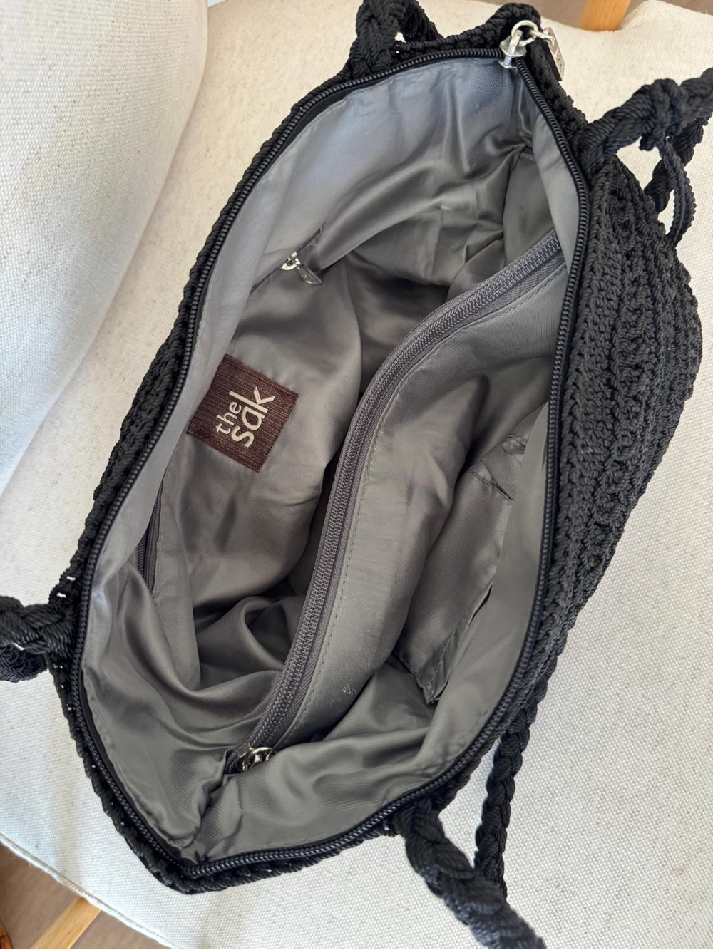 Vintage The Sak Black Crochet Black Woven Tote Boho Granny Shoulder Bag Purse - Picture 13 of 15
